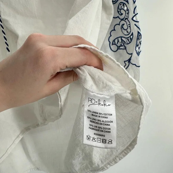 Anthropologie RD + Koko White Linen Blend Boho Blouse Embroidered Peasant Top - Picture 6 of 8